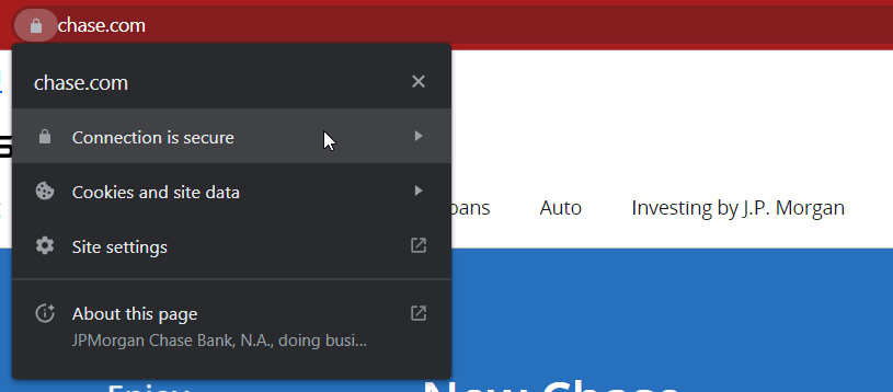 A screenshot of the website www.chase.com, showing the padlock and message "Connection is secure" from Google chrome.